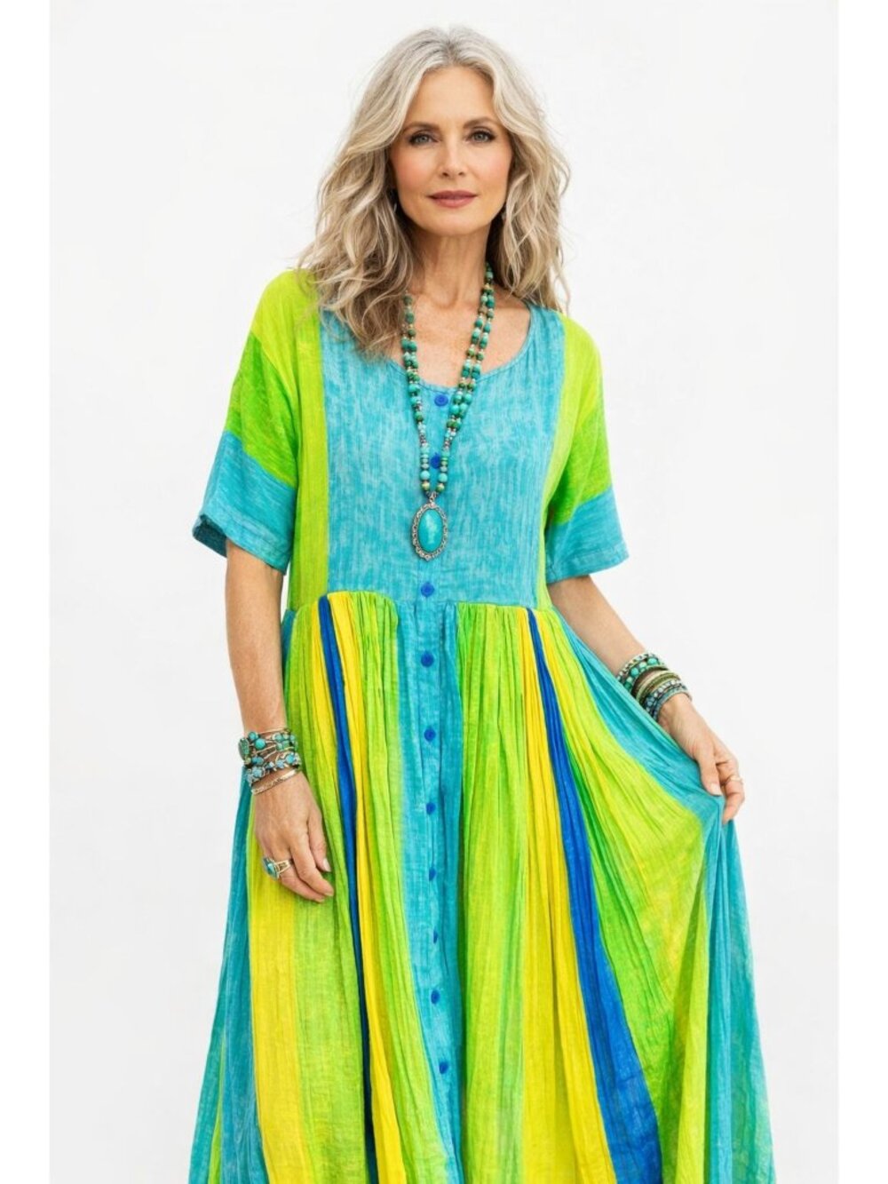 Naqui Artsy Blue Green Womens M Cotton Button Maxi Dress Vibrant Travel Casual